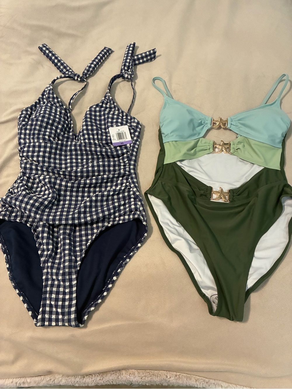 Ellen Tracy Navy Gingham One-Piece Swimsuit and Amazon Brand One-Piece.